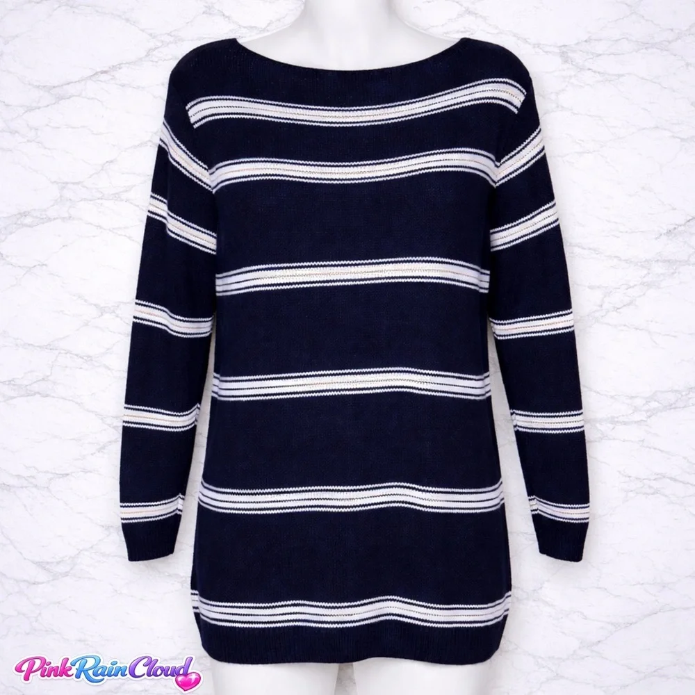 G.H. Bass Navy Blue White Stripe Cotton Sweater Nautical Women’s Large